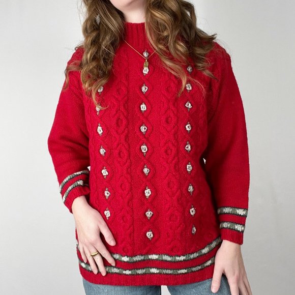 Vintage Cable Knit Shetland Wool Oversized Sweater Nordic Floral Cottagecore - Picture 3 of 8